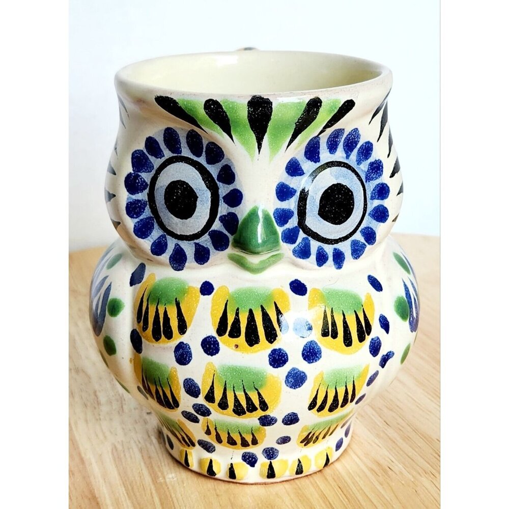 Anthropologie Gorky Gonzalez Owl Coffee Mug Cup Mexico Hand Painted Blue Green